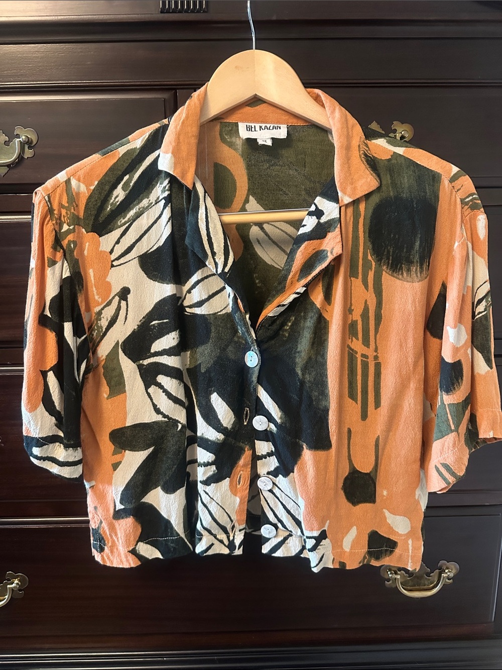 Bel Kazan Orange & Black Abstract Print Button-Front Woman's Top